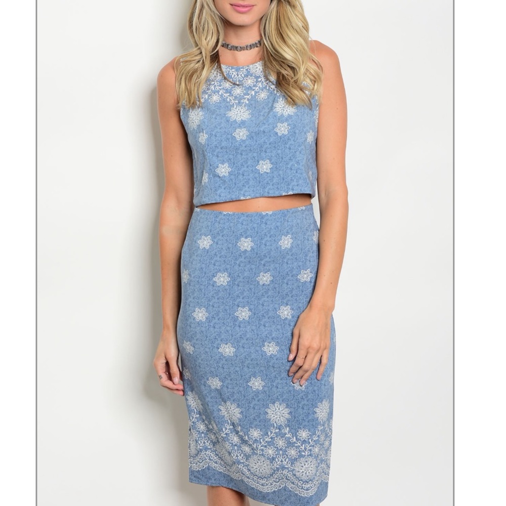 Denim patterned floral two piece skirt set, sz LG